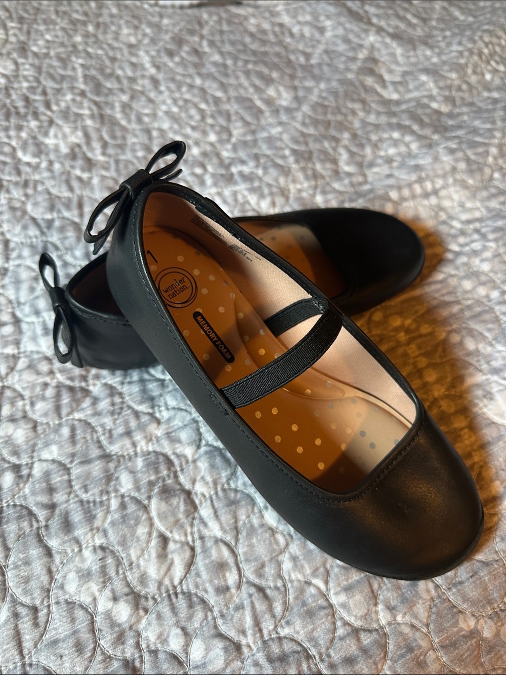 wonder nation Girls' Black Mary Jane Flats with Heel Bow Accent